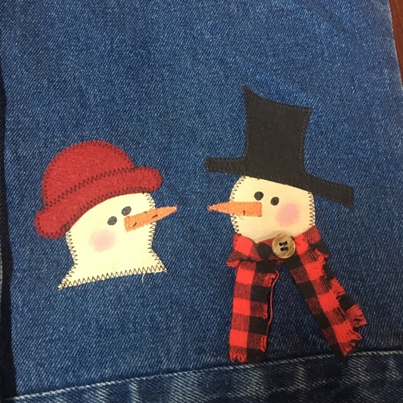 Vintage Upcycled Christmas Holiday Ugly Pretty Denim Jean Vest Snowmen Medium - Picture 2 of 8